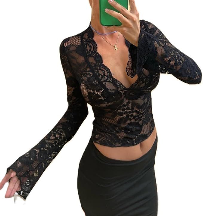 Women Long Sleeve Lace Trim Top Patchwork Slim Fit Shirt Tee Y2K Going Out Crop Top | Amazon (US)