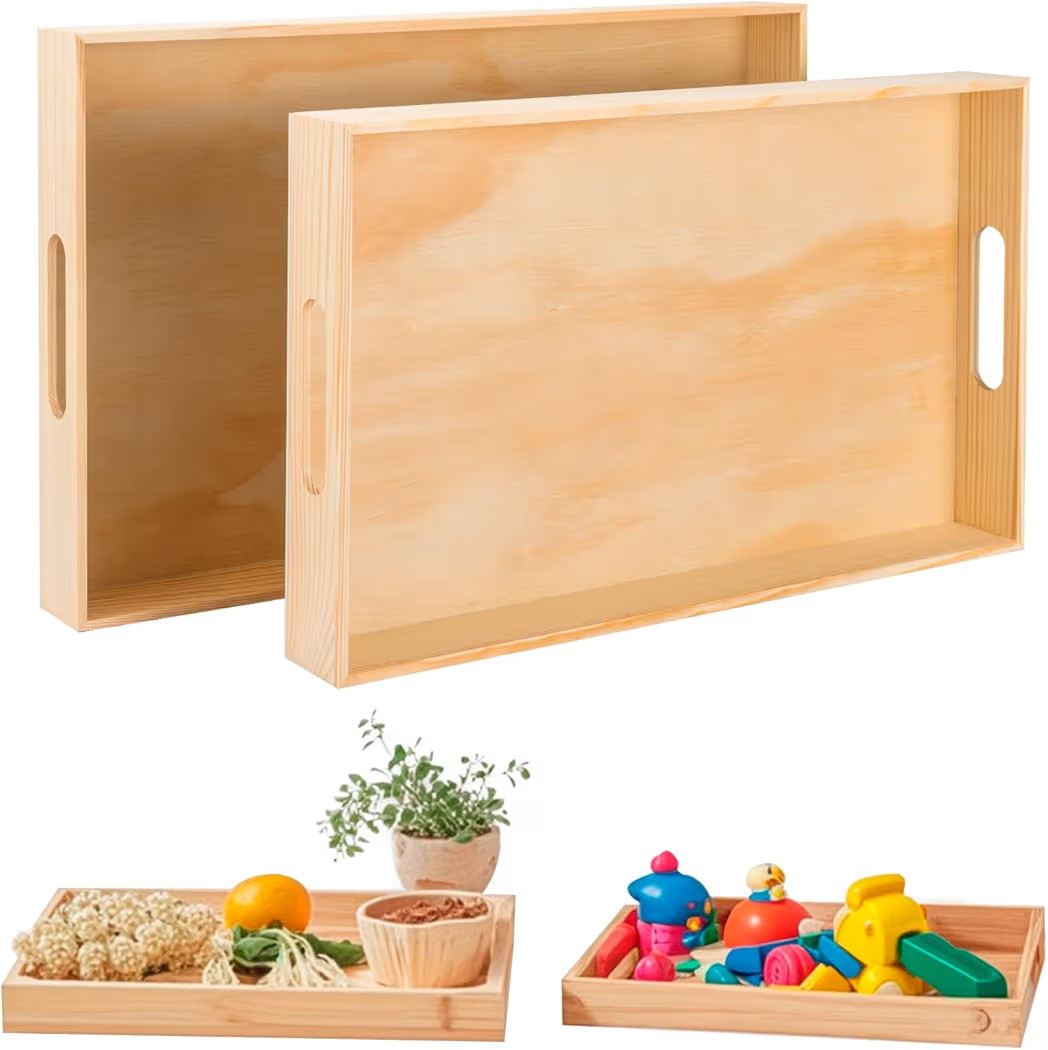 Wooden Serving Trays with Handle - 2 Pieces Unfinished Wood Nested Breakfast Food Serving Trays f... | Amazon (US)