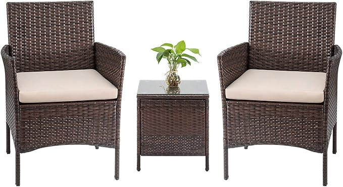 Tuoze Tozey 3 Pieces Patio Furniture PE Rattan Outdoor Conversation Set with Table Backyard Porch... | Amazon (US)