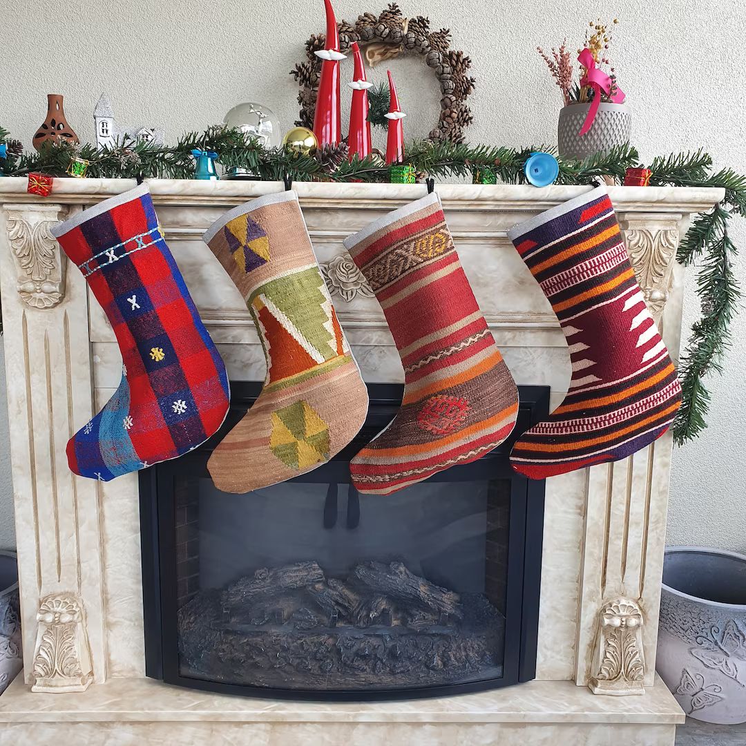 Set of 4 Kilim Christmas Stocking Large Family Stocking Rug - Etsy | Etsy (US)