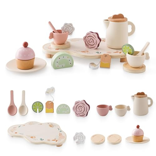 Ikubigu Tea Party Set for Kids - Wooden Tea Set for Little Girls 15PCS Silicone Toddler Tea Set Kitchen Accessories Pretend Play Toy Tea Set for Toddlers - Birthday Gift (Purple) | Amazon (US)