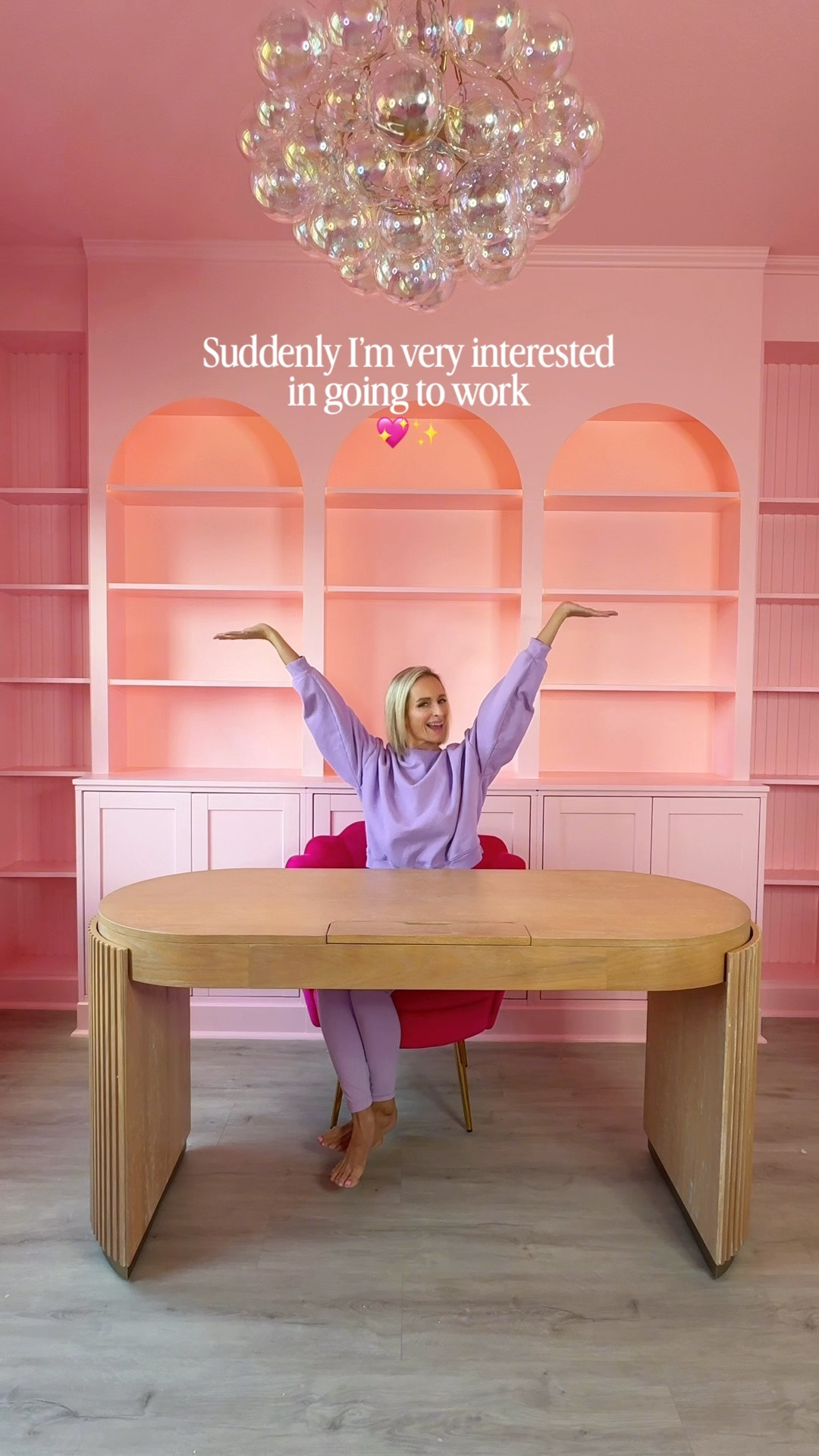 Pink home office makeover 💖✨ Hot Pink scalloped desk chair, modern wood desk, statement bubble chandelier & whimsical office decor for a fun, whimsical office ✨

#LTKHome