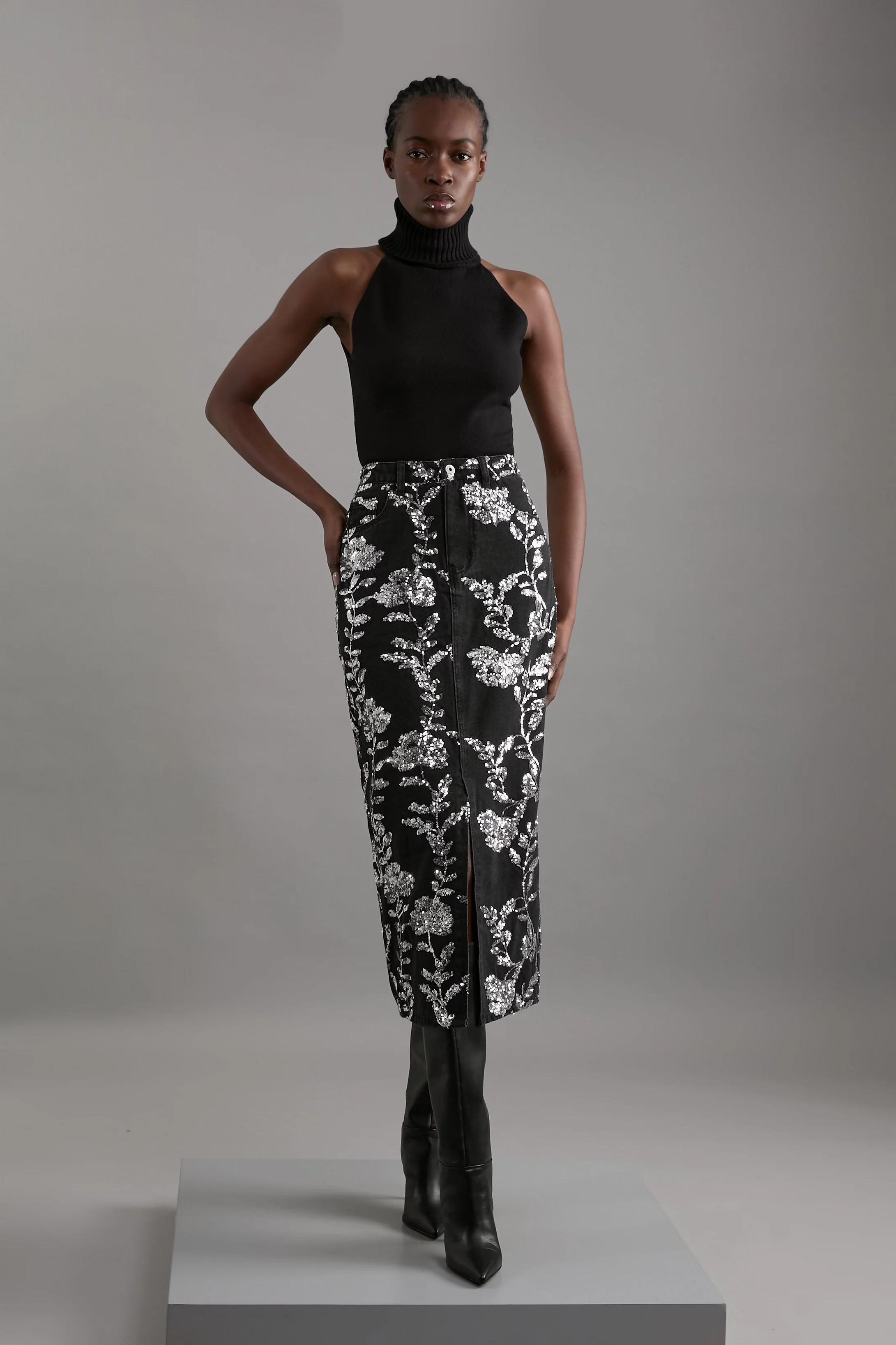 Denim All Over Floral Sequin Skirt | Karen Millen UK + IE + DE + NL