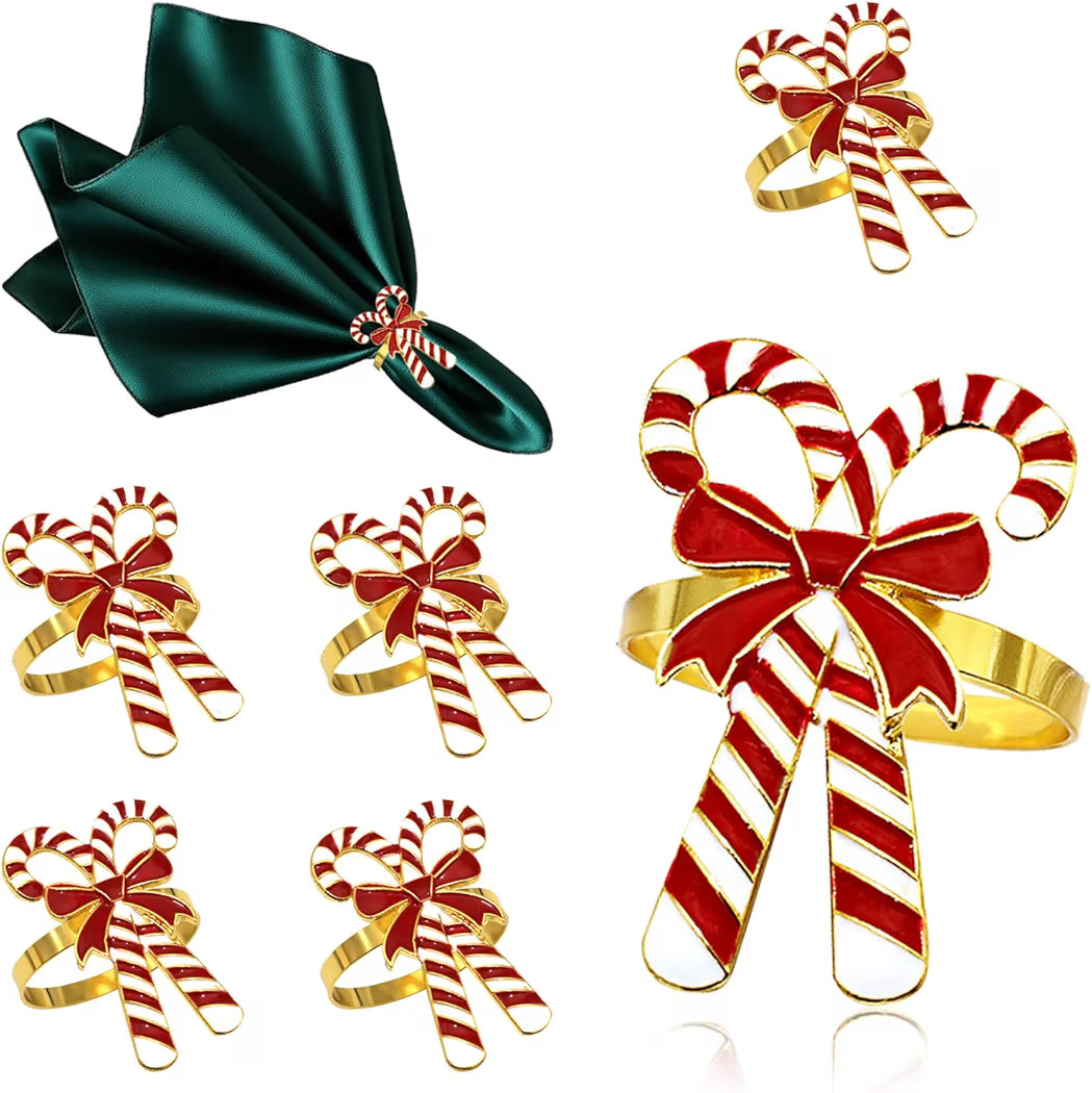 Christmas Candy Cane Napkin Rings Set of 6 Red White Napkin Rings for Winter Xmas Wedding Baby Sh... | Amazon (US)