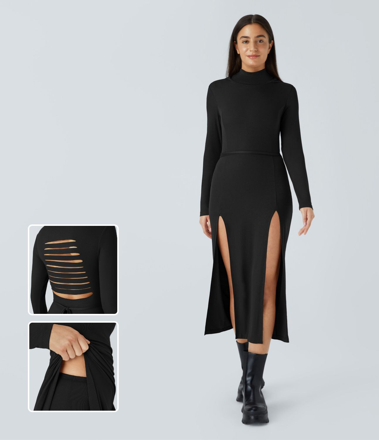 Women’s Ribbed Hooded High Neck Long Sleeve Cut Out Tie Back Split 2-Piece Midi Casual Dress - ... | HALARA