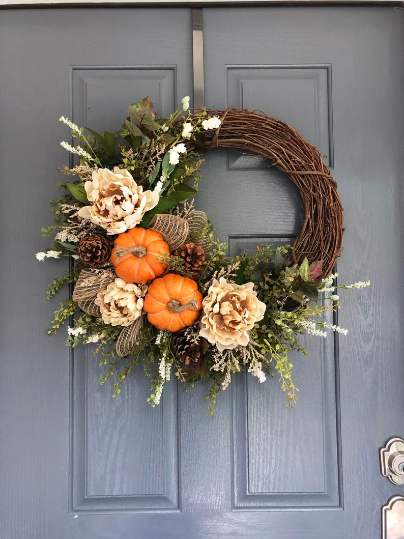 Fall Farmhouse Pumpkin Wreath Fall Wreaths for Front Door - Etsy | Etsy (US)