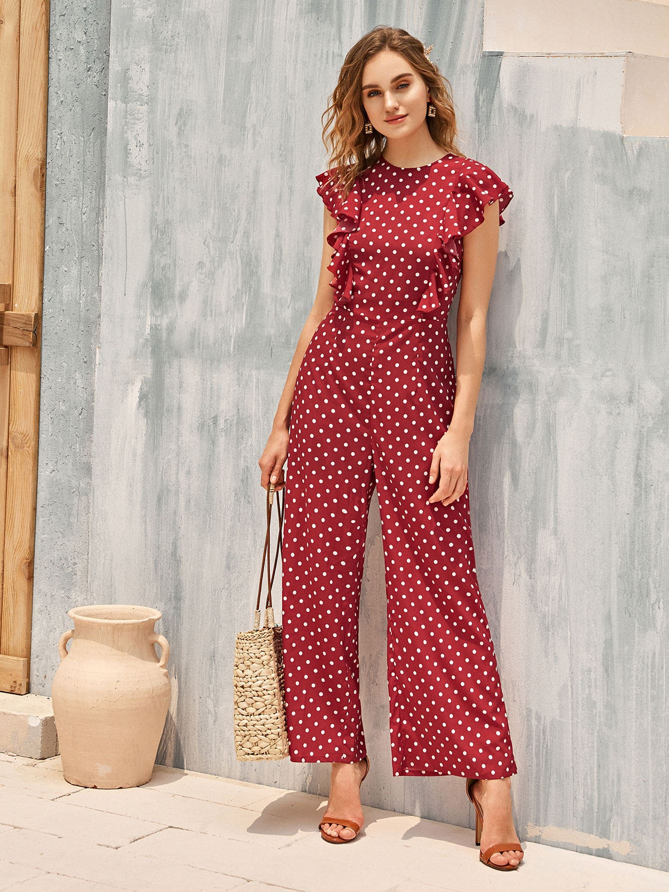 SHEIN Ruffle Armhole Polka Dot Palazzo Jumpsuit | SHEIN