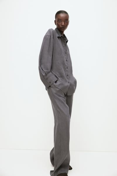 Oversized linen shirt - Dark grey - Ladies | H&M GB | H&M (UK, MY, IN, SG, PH, TW, HK)
