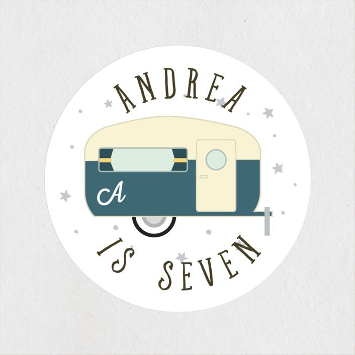 "Retro Camper" - Customizable Children's Birthday Party Stickers in Blue by Caitlin Considine. | Minted