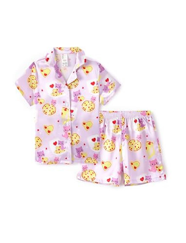 PATPAT Girls Satin Pajama Set Button Down Sleepwear Purple Cat 9-10 Years | Amazon (US)
