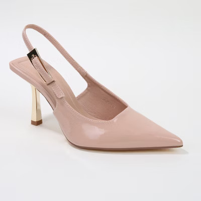 Berness Women's Honey Glossy Slingback Heels with Gold Buckle Detail Beige 11 | Target