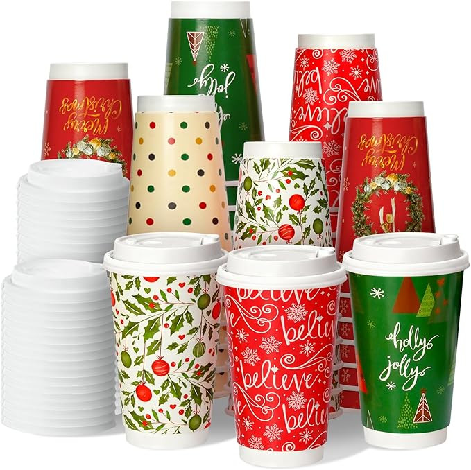 50 Pack 16 oz Christmas Disposable Coffee Cups with Snap-on Lids - for Hot or Cold Drinks, Paper ... | Amazon (US)