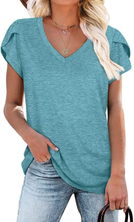 WIHOLL Womens Tops V Neck Summer Petal Sleeve Casual Tshirts | Amazon (US)