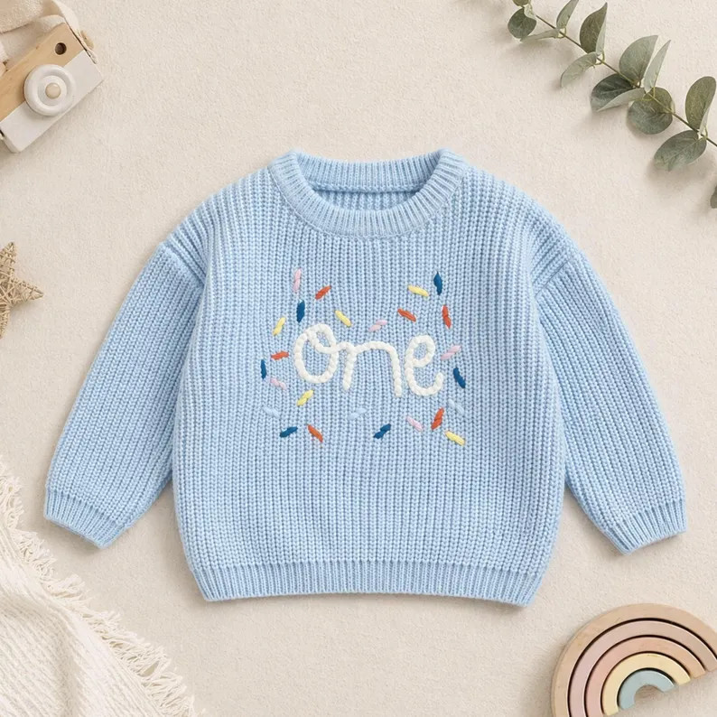 Baby 1st Birthday Blue Knitted Pullover Sweater | One Embroidered|  Birthday Outfit | Etsy (Global)