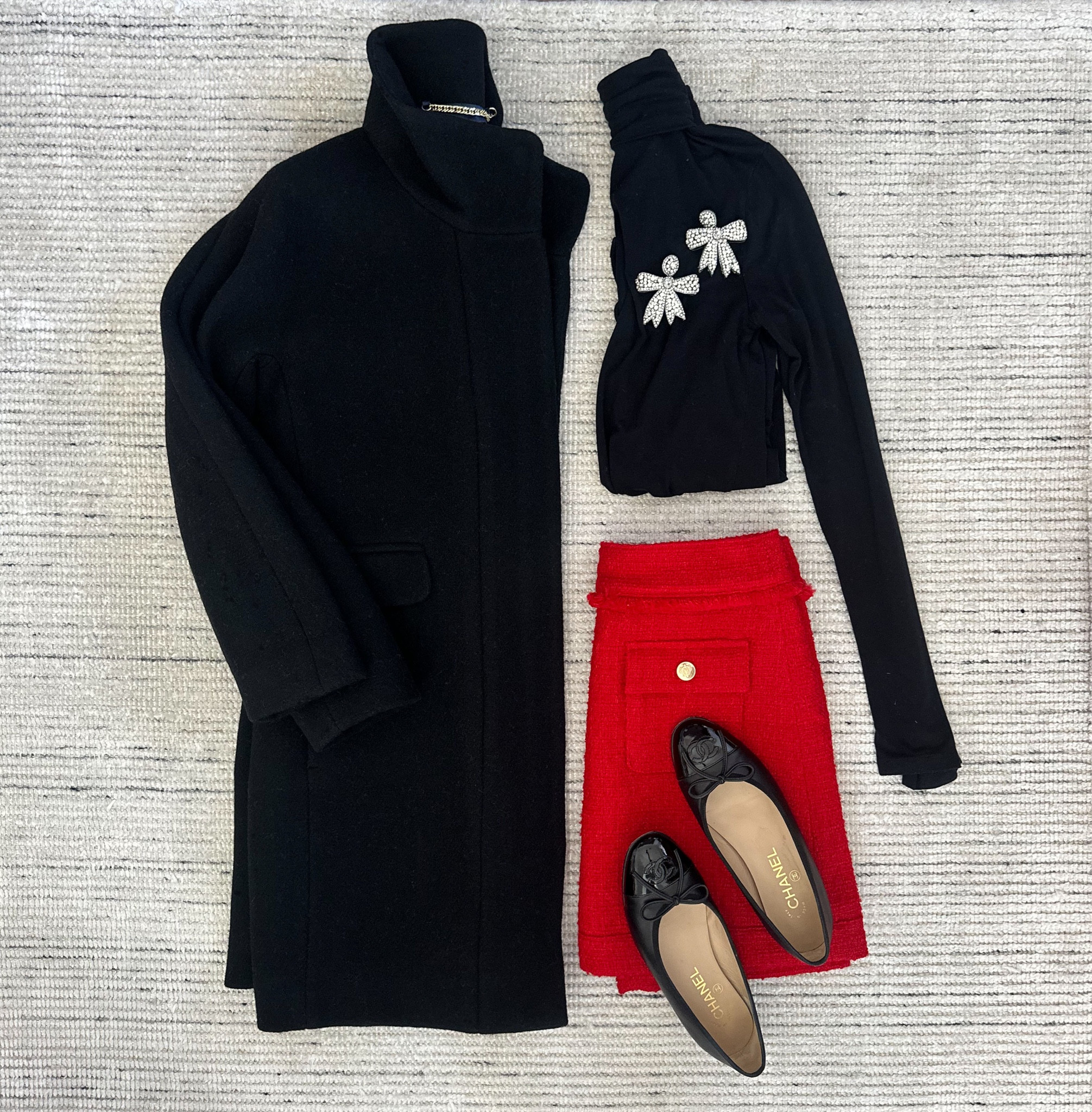 Holiday outfit that is great for workwear, holiday family photos, events and date night! Black wool blend coat paired with black turtleneck, red tweed skirt and black flats for a chic look  

#LTKSeasonal #LTKstyletip #LTKHoliday