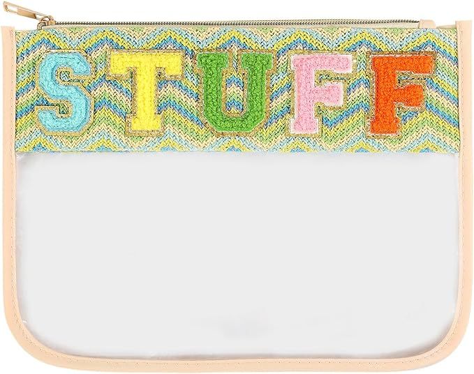 Chenille Letter Stuff Bag Boho Patch Travel Cosmetic Pouch,Preppy Makeup Bag Clear Cosmetic Toile... | Amazon (US)