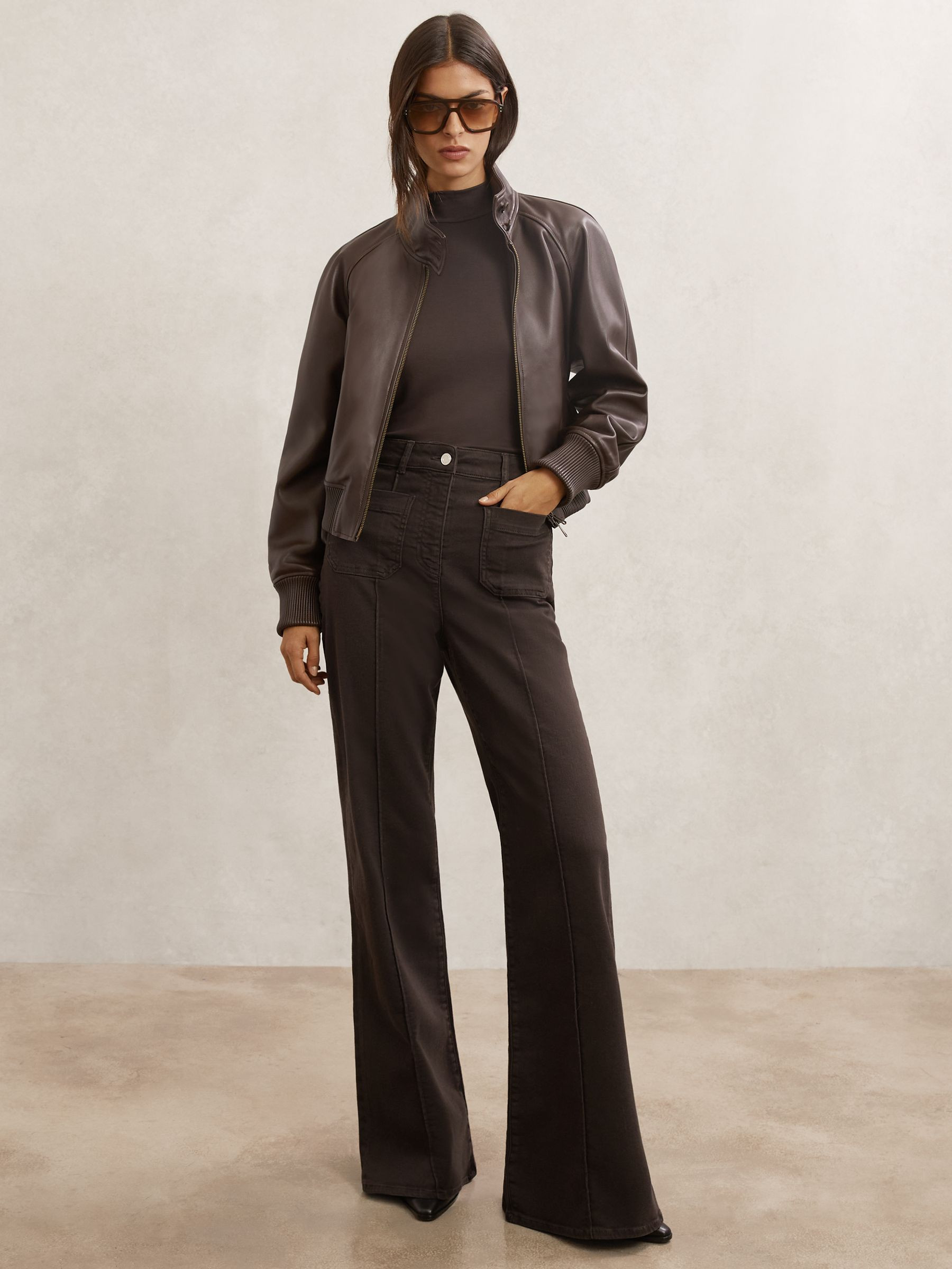 Reiss Petite Patch-Pocket Flared Jeans in Chocolate Brown - REISS | Reiss UK