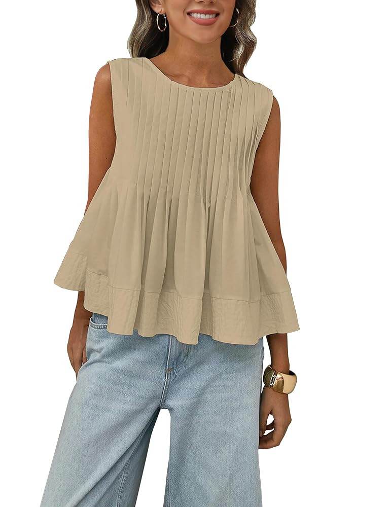 Womens Summer Pleated Peplum Sleeveless Blouse Tank Tops Round Neck Y2K Babydoll Blouse Shirt | Amazon (US)