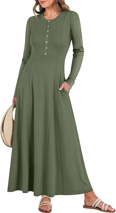 ANRABESS Women's Long Sleeve Maxi Dress 2026 Spring Casual Button Fit & Flare A-Line Swing Flowy ... | Amazon (US)