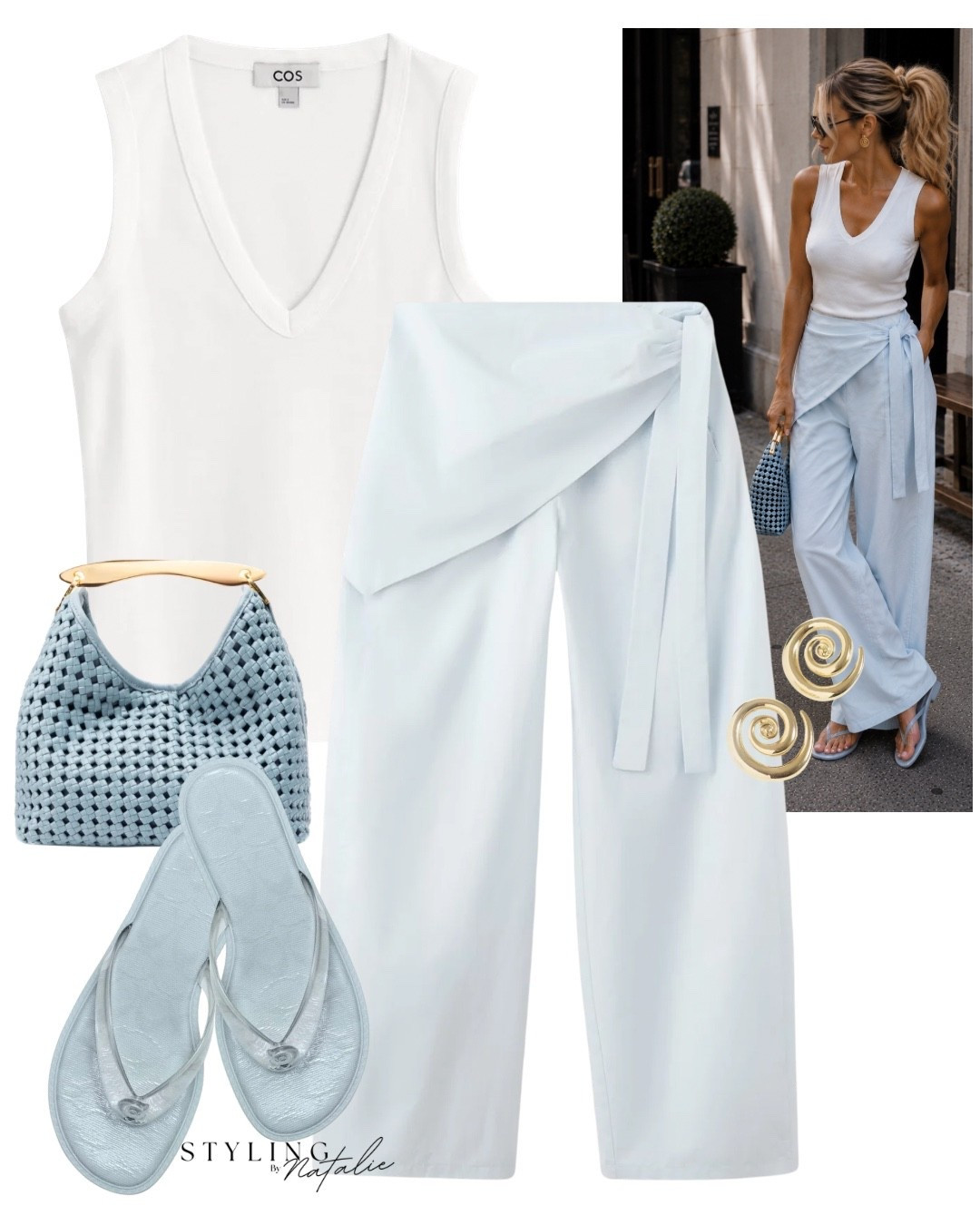 Weekend look- White v neck tank top, baby blue scarf trousers, woven bag and blue jelly sandals. 

Summer outfit, summer look, date night, cool girl, scarf pants, mango, Zara, Cos, gold accessories, holiday outfits, vacation, Ibiza.

#LTKsummer #LTKeurope #LTKdatenight