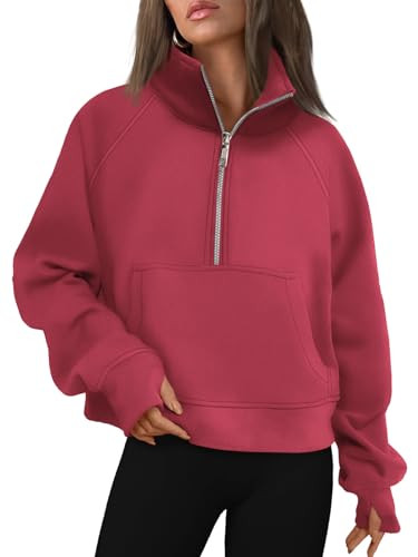 AUTOMET Womens Sweatshirts Half Zip Cropped Pullover Fleece Quarter Zipper Sweater Hoodies 2025 Fall Fashion Outfits Clothes Red Small | Amazon (US)