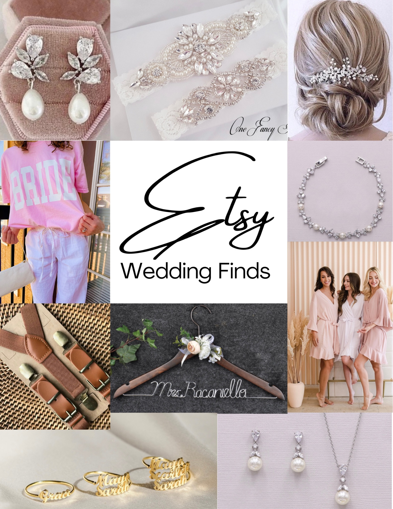 Etsy is my go to for all things unique and customizable! I spent so much money on stuff for my wedding on Etsy but it was money well spent! Part one of my Etsy wedding finds include my wedding earrings, hairpiece, garter, BRIDE t-shirt, necklace, bracelet, suspenders, custom hanger, custom ring with “Mrs. Tepe” on it, and my ruffled robe for the morning of the wedding! I loved ALL of it and everything is such good quality!

#LTKwedding #LTKunder50 #LTKstyletip