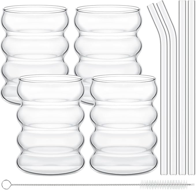 4 Pcs Creative Glass Cups Cute Ripple Shaped Vintage Drinking Glasses Ribbed Glassware Aesthetic ... | Amazon (US)