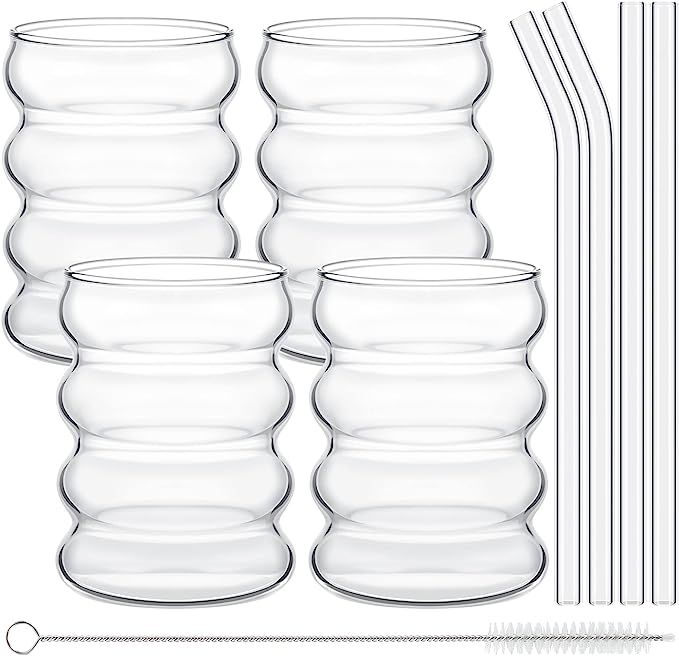 4 Pcs Creative Glass Cups Cute Ripple Shaped Vintage Drinking Glasses Ribbed Glassware Aesthetic ... | Amazon (US)