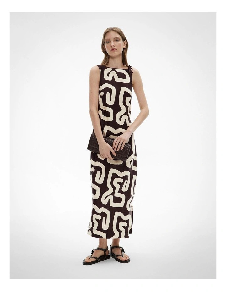Tie Shoulder Midi Dress in Espresso Block Print | Myer