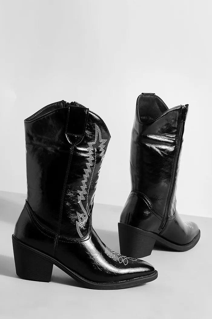 Contrast Stitch Faux Leather Western Cowboy Boots | boohoo (US & Canada)