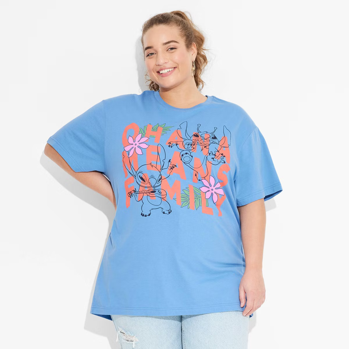 Women's Stitch Ohana Means Family Oversized Short Sleeve Graphic T-Shirt - Blue 2X | Target