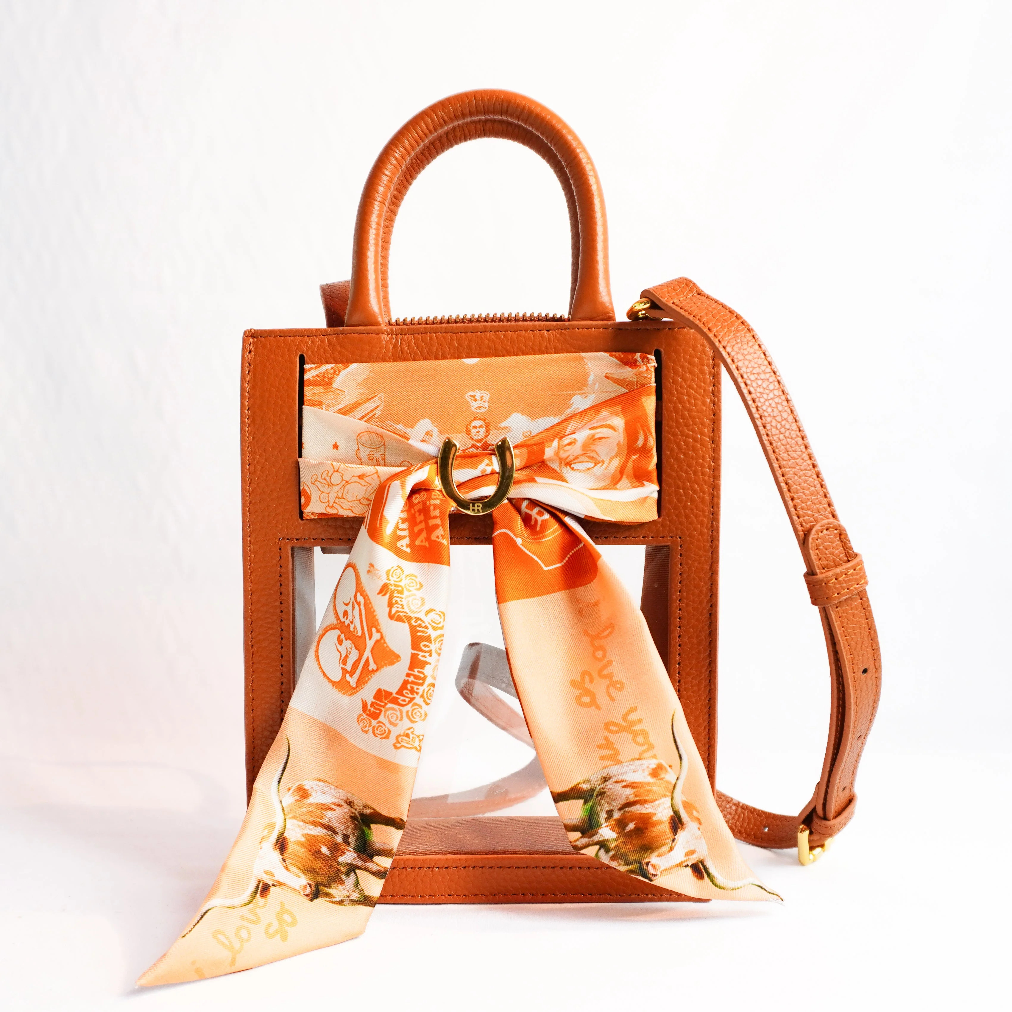 Stadium Approved Leather Top Handle Purse with Silk Twill Skinny Scarf Austin Texas Longhorns | Hampton Road Designs, LLC
