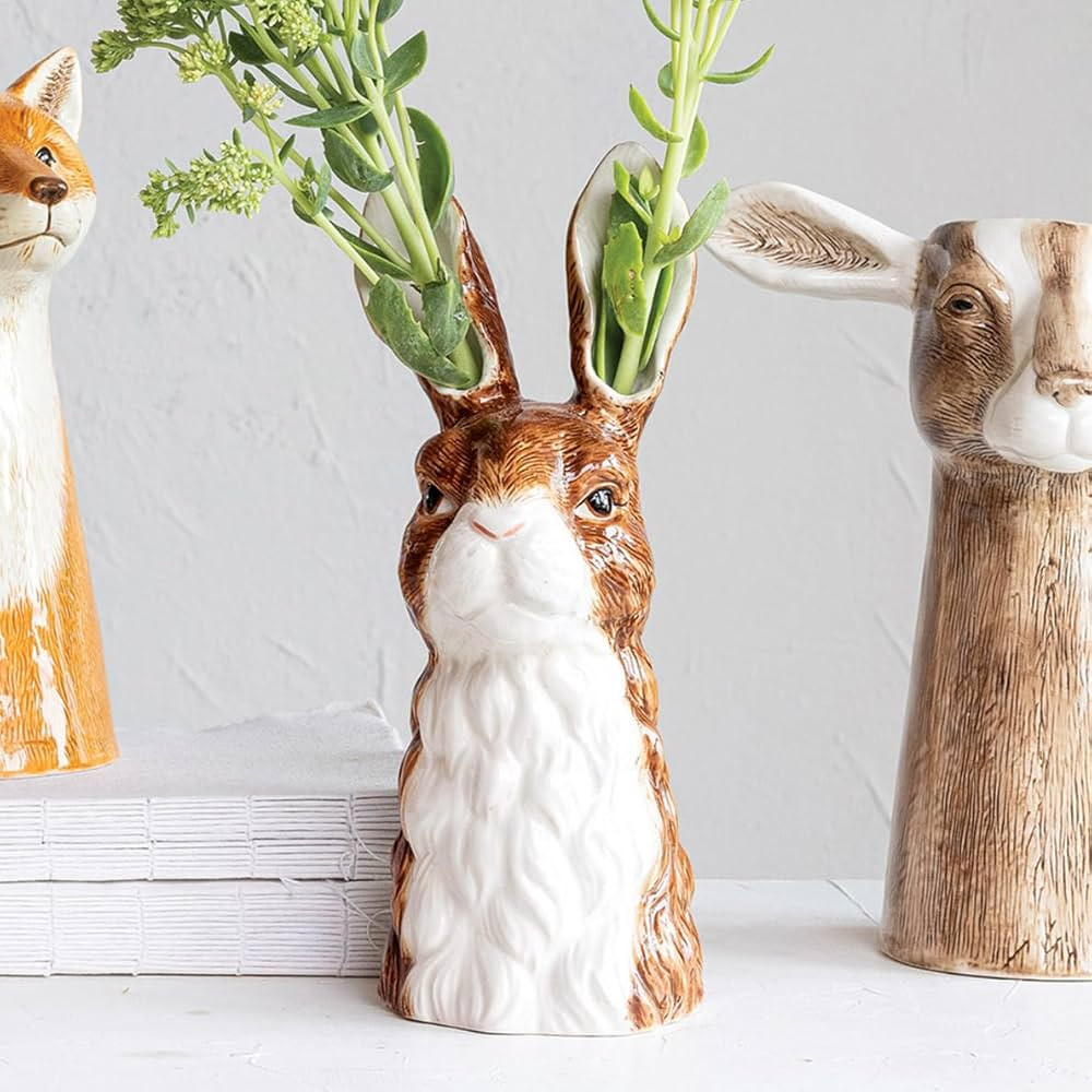 Creative Co-Op Hand-Painted Decorative Stoneware Rabbit Vase, Brown and White | Amazon (US)