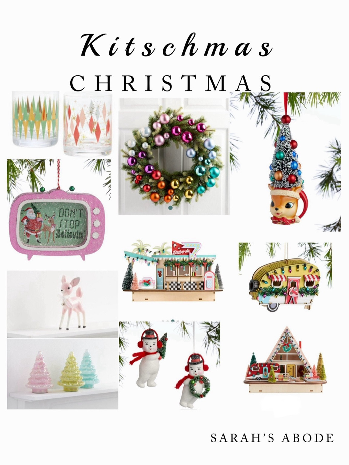 Kitschy Christmas decor!! I love anything with a vintage or retro look! 

Vintage reindeer. Retro ornaments. Camper. A-frame house village. Mid century modern village. Retro tv ornament. Rainbow Christmas wreath. Vintage snowman. Mid century glasses tumbler

#LTKHoliday #LTKHome #LTKSeasonal