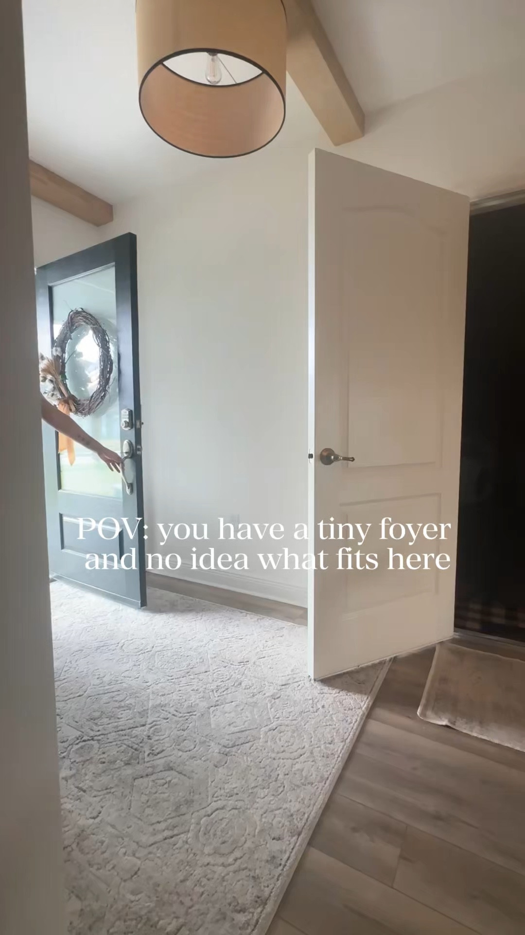 POV: your foyer only has about 30 inches to work with.

When our front door, closet, and garage door all open into the same space, a console table felt way too big. So I went with an oversized mirror and an ottoman instead.

Now it works as a place to sit, drop bags or shoes, and I decorate the mirror for every holiday.

I did splurge on this particular mirror, but there are tons of options for less and you can have a little fun with the ottoman if you want to there’s 1 million choices for those . I linked my rug here because it goes with everything and I also linked the mirror because it could be used in a lot of rooms. I linked a couple Ottoman choices that are my favorites too.

#LTKHome