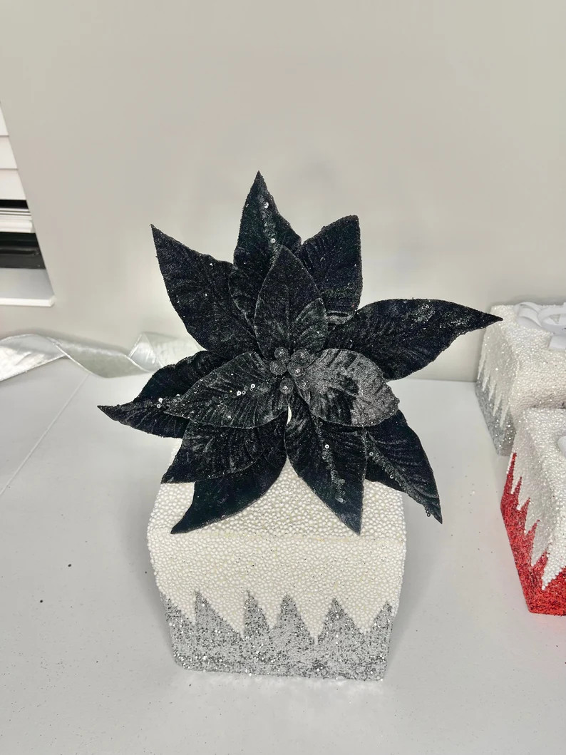 Black Velvet Glitter Poinsettia Flower Set of 3 Christmas Halloween Floral - Etsy | Etsy (US)