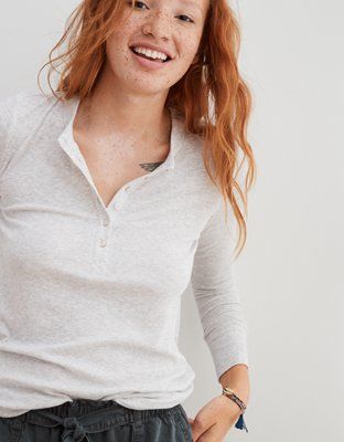 Aerie Long Sleeve Ribbed Henley T-Shirt | American Eagle Outfitters (US & CA)