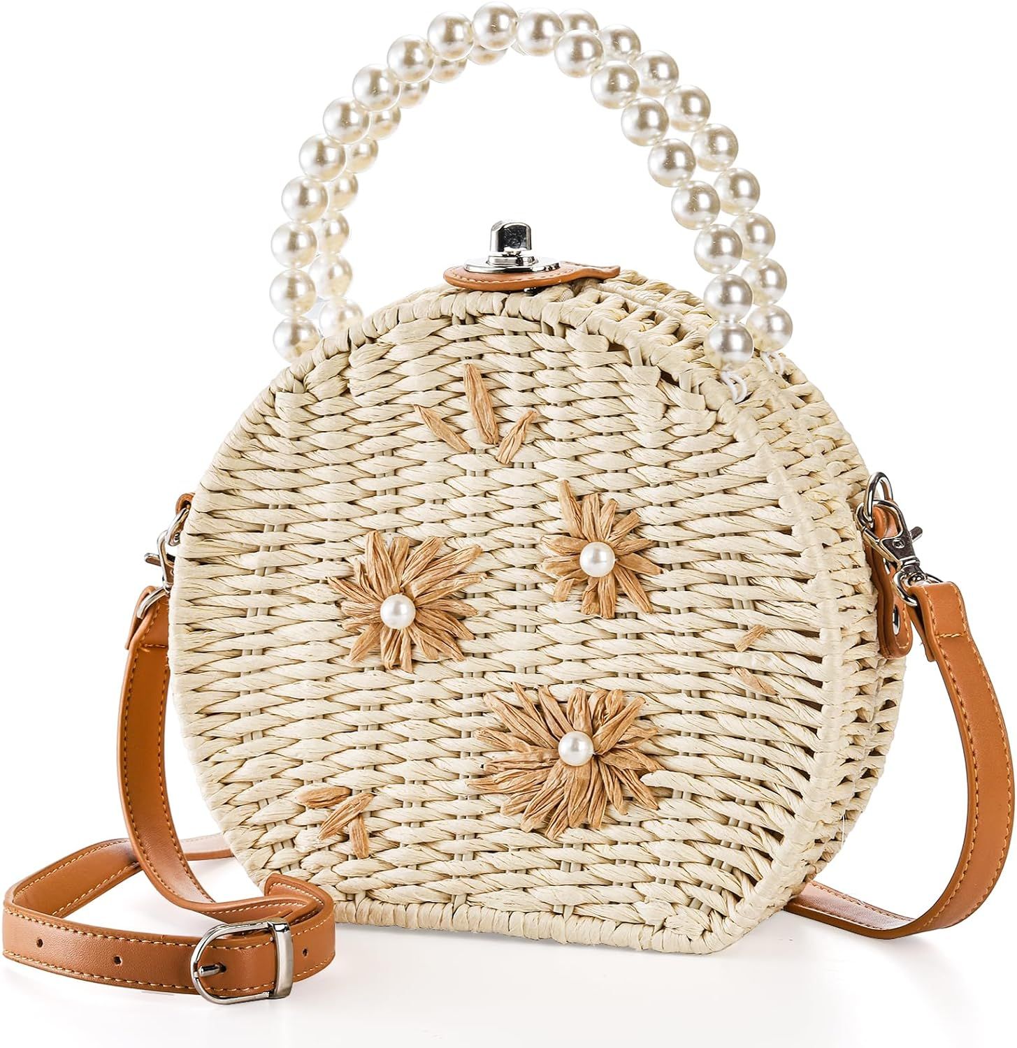 Round Rattan Handbag, Top Pearl Handle Straw Tote Bag, Natural Handmade Wicker Handbag, Retro Summer Beach Basket Purse, Leather Strap Shoulder Flower Woven Purse for Women Lady | Amazon (US)