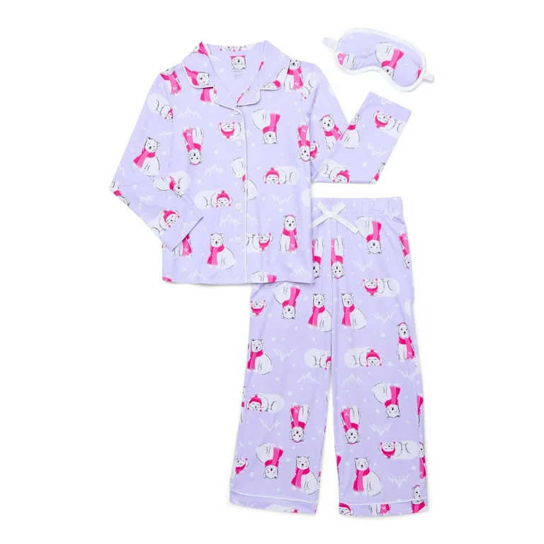 Holiday Time Girls Button Front Pajama Set with an Eye Mask, 3-Piece, Sizes 4-18 & Plus | Walmart (US)