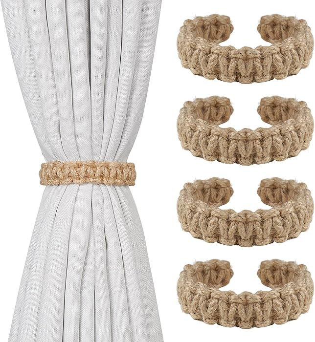 4 Pack Jute Curtain Tiebacks, Braided Curtain Holdbacks No Drill, Boho Curtain Tie Backs, Decorat... | Amazon (US)