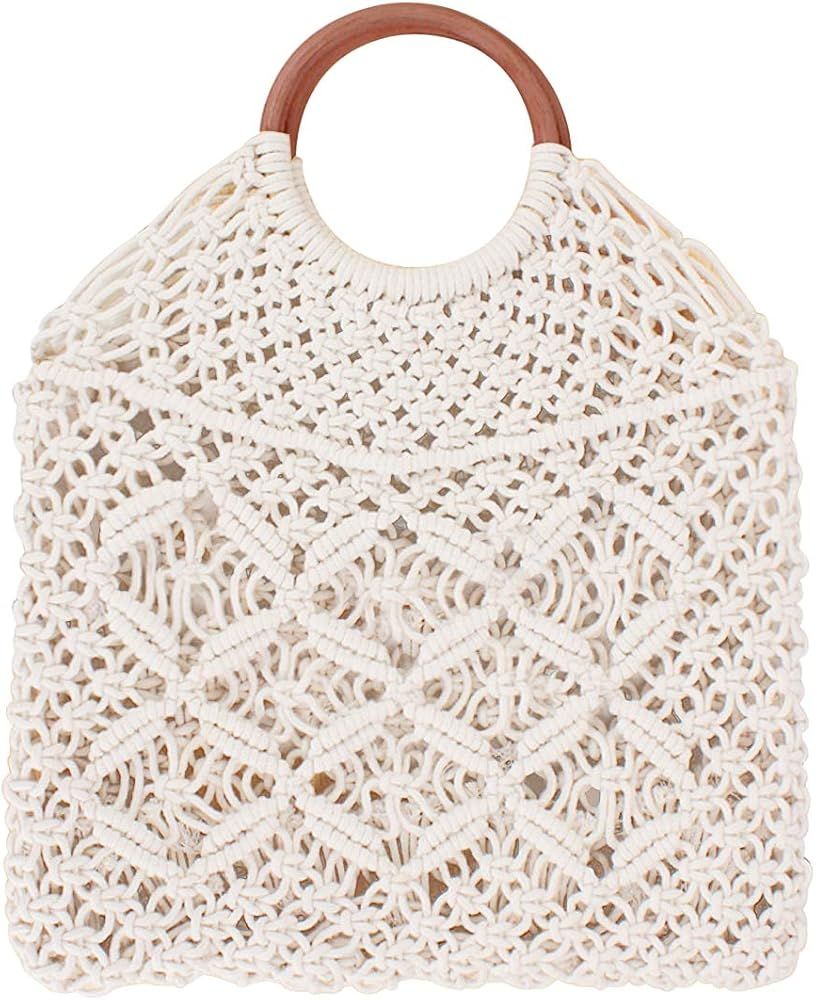 Handmade Straw Bag Travel Beach Fishing Net Handbag Shopping Woven Shoulder Bag for Women | Amazon (US)