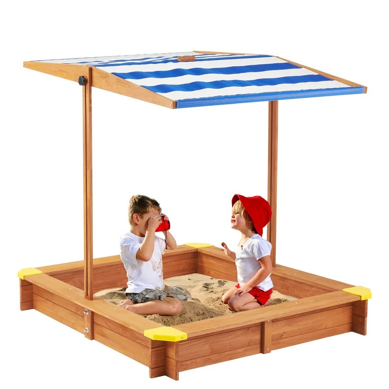 D-road Wooden Kid's Sandbox with Cover, Sandpit W/ Adjustable Canopy for Backyard Garden Play,  G... | Walmart (US)
