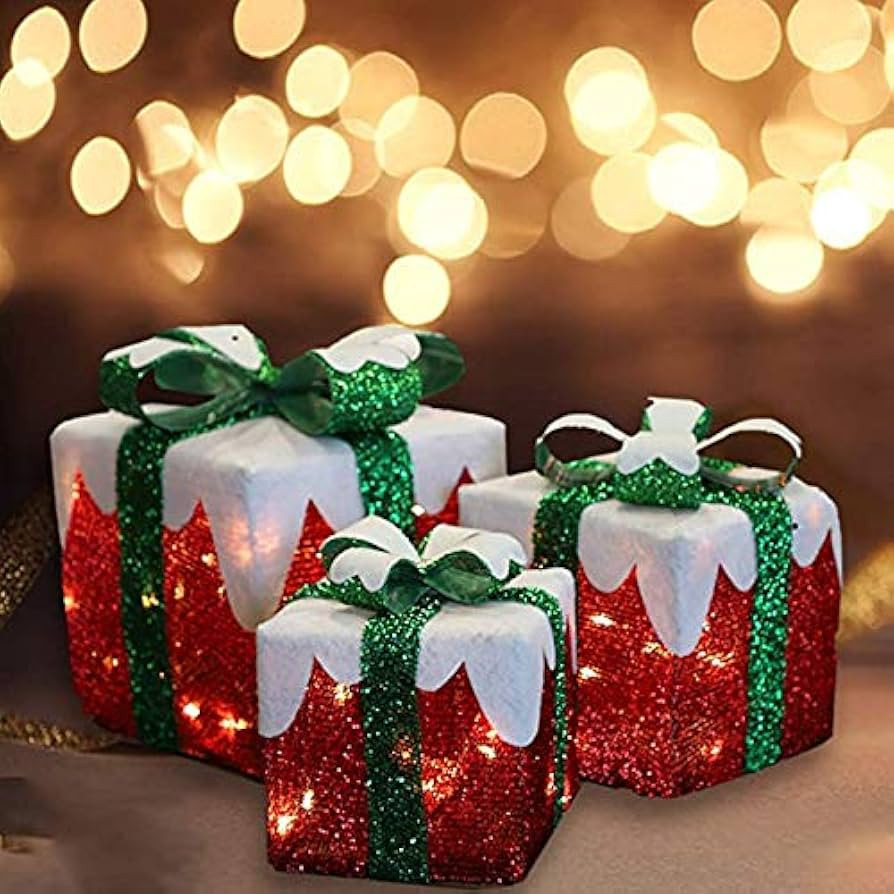 MorTime Set of 3 LED Boxes with Green Bows, Lighted Red Boxes with 60 LED Light String for Christ... | Amazon (US)