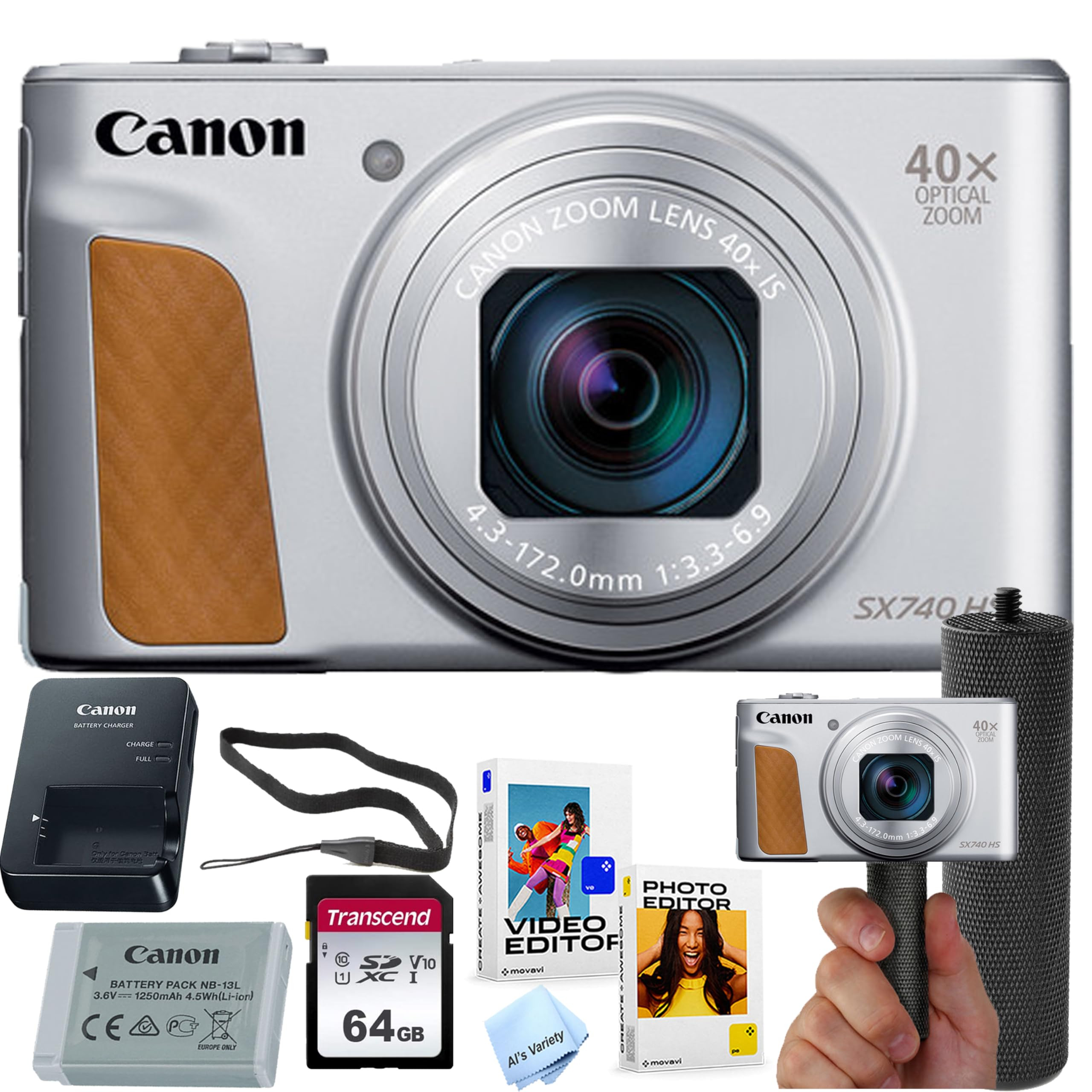 Canon Powershot SX740 HS Digital Camera (Silver) + 64GB Memory + Stabilizing Grip + Software Pack... | Amazon (US)