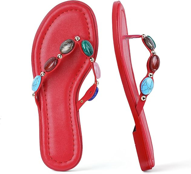 DREAMSTORY Womens Beaded Flip Flops Beach Jeweled Thong Sandals | Open Round Toe, Slip on, Colorf... | Amazon (US)