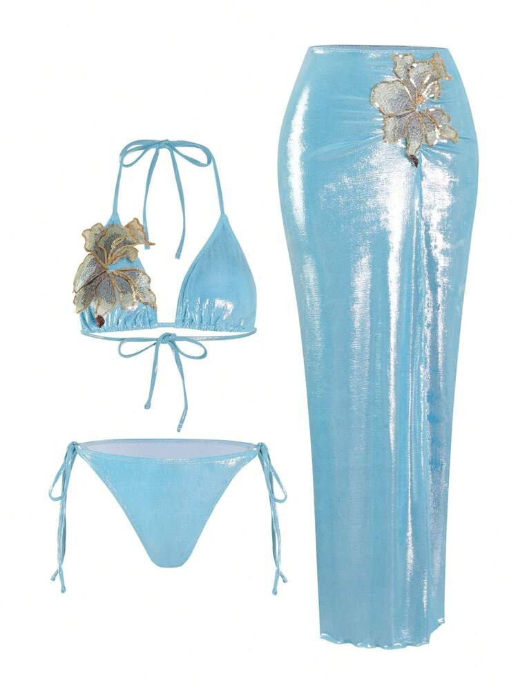 Swim Oasis 3pcs/Set Summer New Shiny Fabric Sequin Embroidery Floral Triangle Bikini Push Up Swimwear For Women | SHEIN