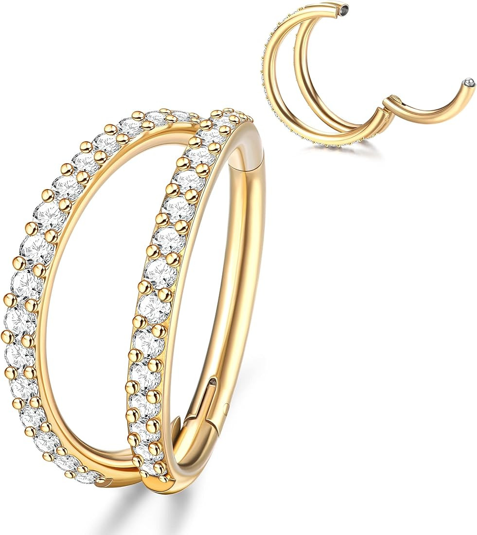MILACOLATO G23 Titanium Nose Rings 16G 18G Septum Clicker Nose Rings Double Hoop Open Stack Daith Ea | Amazon (US)