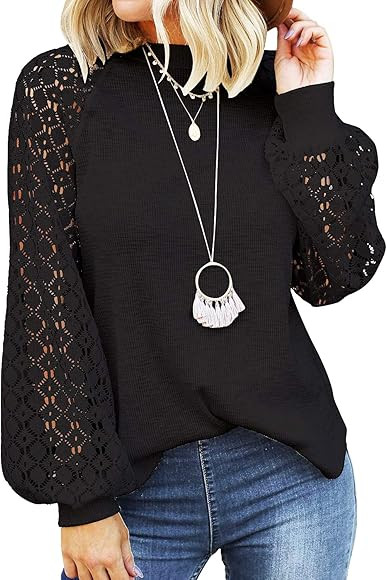 Women’s Lace Long Sleeve Tops Fall Casual Loose Blouses T-Shirts Tops | Amazon (US)