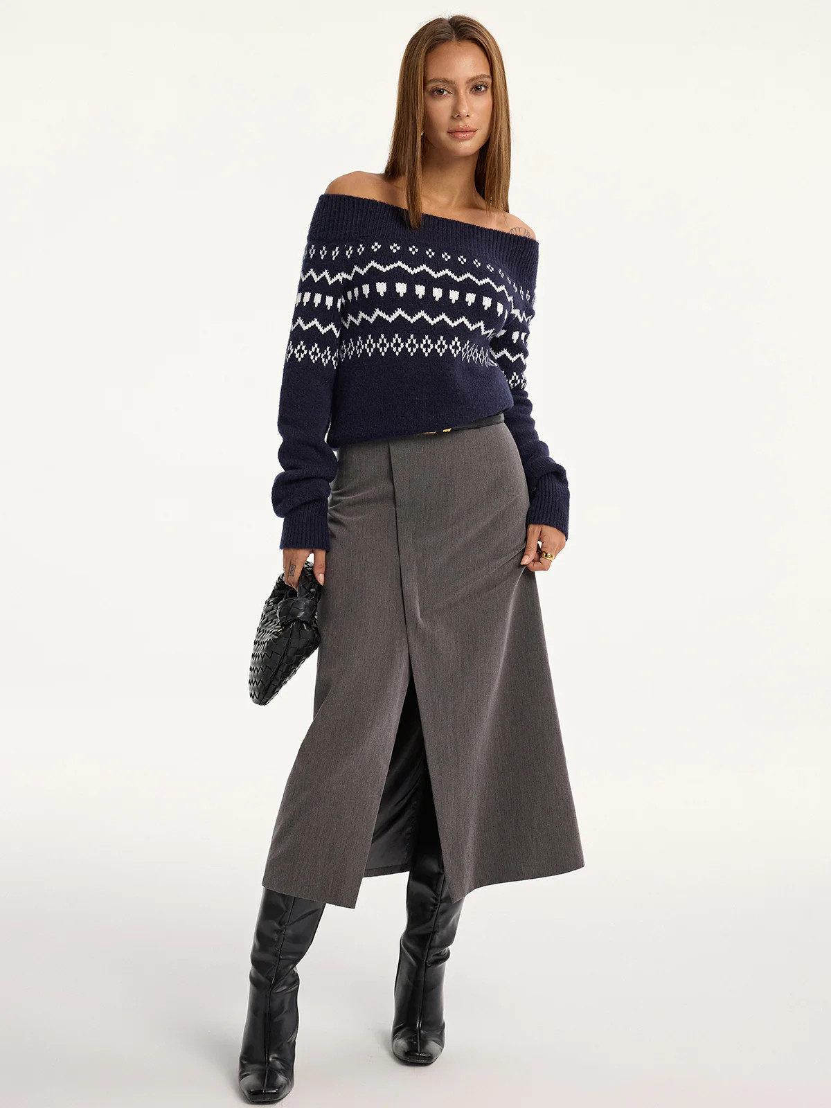 Off-Shoulder Fair Isle Knit Sweater | Commense