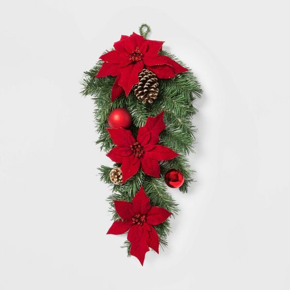 28in Christmas Unlit Red Poinsettia & Ornaments Artificial Pine Swag - Wondershop™ | Target
